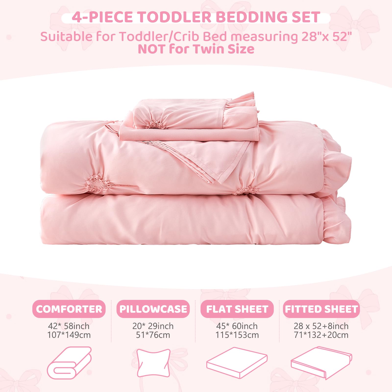 Wowelife Princess Toddler Bedding Set for Girls, Boho Toddler Bed Set, 4 Pieces Ruffles Jacquard Embroidery Toddler Comforter with Comforter, Fitted Sheet, Flat Sheet and Pillowcase, Pink