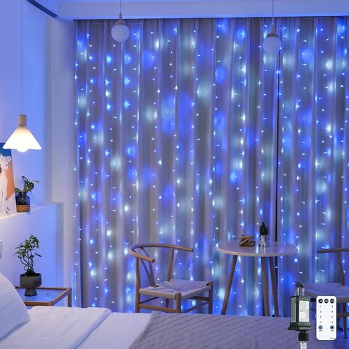 JMEXSUSS 300LED Christmas Curtain Lights - Remote-Controlled Blue & White Fairy Lights | 9.8x9.8ft Indoor/Outdoor Decor
