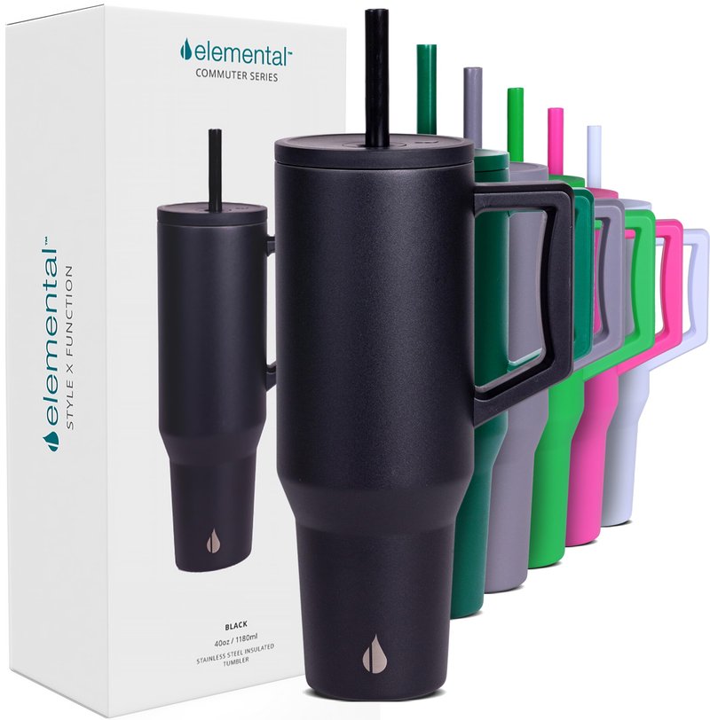 Elemental 40 oz Tumbler with Handle and Straw - Spill Proof Insulated Stainless Steel Commuter for Cold Beverages - Travel Coffee Mug with 2 Straws & Spill Proof Lid - 40oz - Black