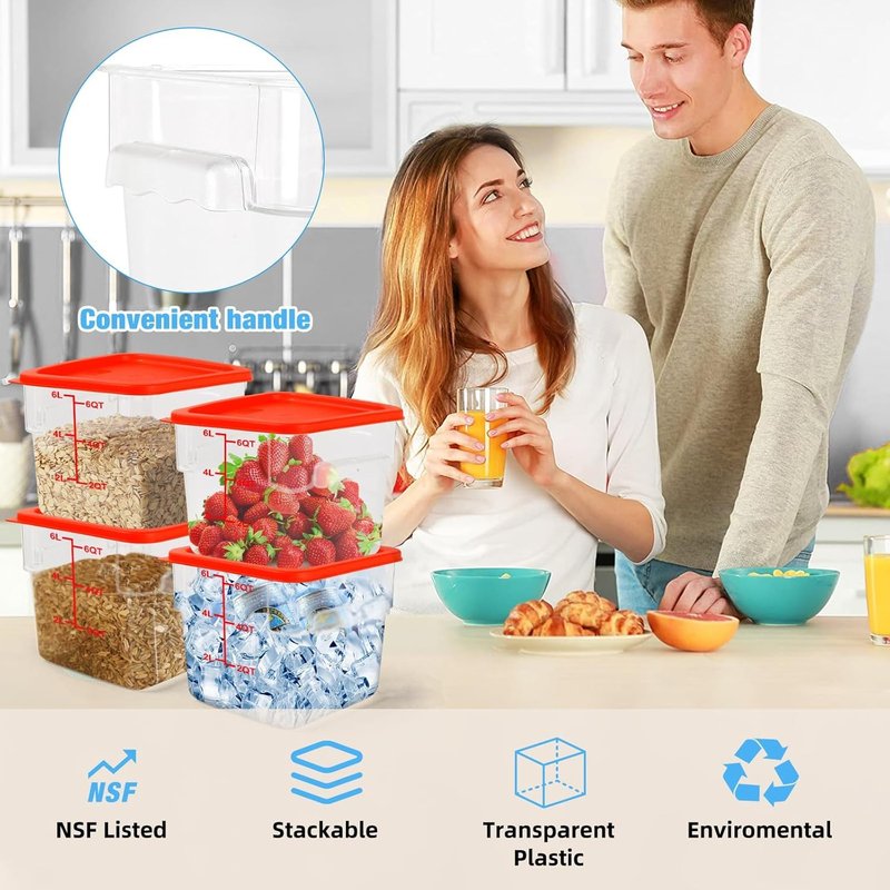 6Qt NSF Food Storage Containers with Lid - 4pcs Food Grade/Heat Resistant/Freezer Safe/Clear Square Storage Containers Set with Scale Handles for Restaurant Home Kitchen Marinade Food Prep, w/ Labels