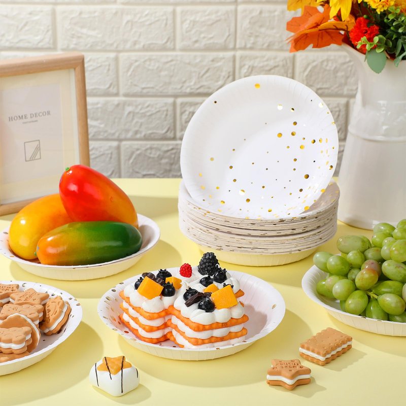 Yiyiring 60 Pack White and Gold Paper Bowls 7 Inch Disposable Gold Dot Paper Bowls for Party Birthday Supplies Round Snack Dessert Salad Disposable Tableware for Wedding, Engagement, Baby Shower