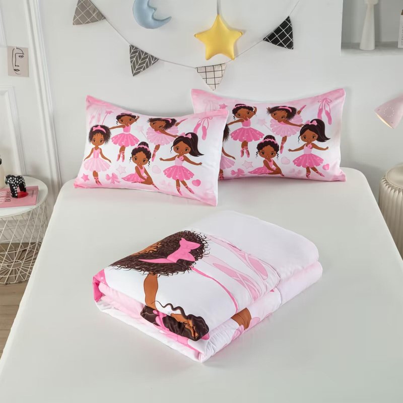 CKOU CCOO Girls Pink Ballerina Comforter Set Full,African American Black Girl Bedding Set,Cute Little Ballet Princess Comforter Set Bedspread for Kids Toddler Girls BeBedroom Set Room Decor