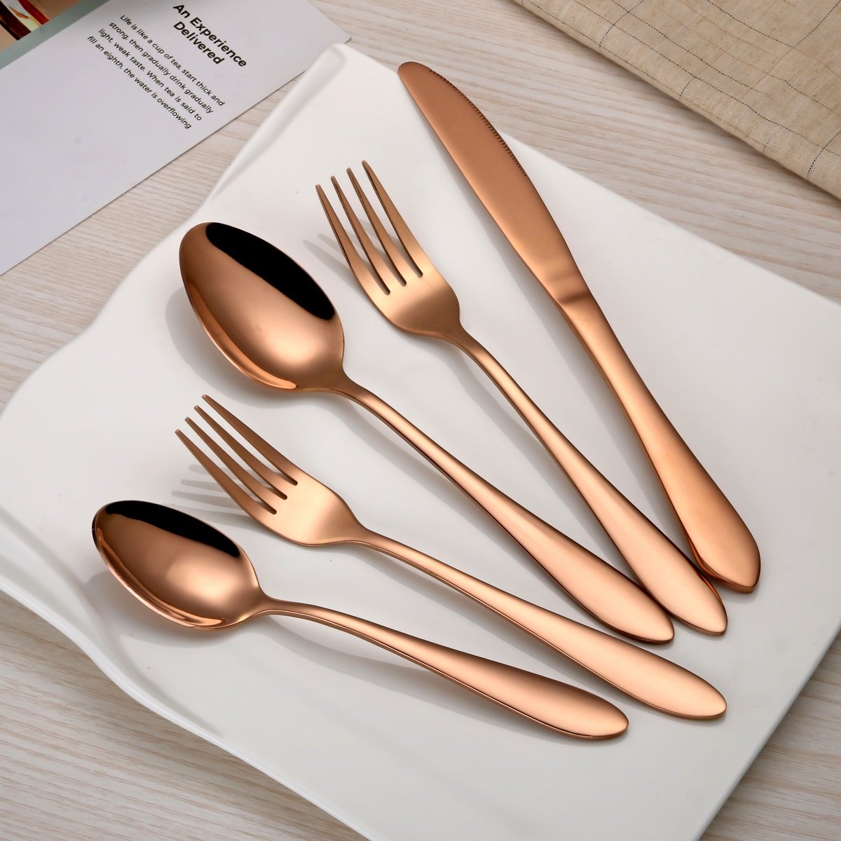 Titanium Rose Gold Plated Stainless Steel Flatware Set 20 Piece, Rose Gold Flatware Set, Copper Silverware Set Service for 4 (Shiny copper)