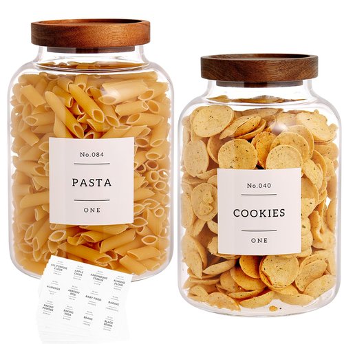 CZHQSMZ Set Of 2 Large Glass Jar with Wooden Lid with 132 Labels, Glass Storage Jars for Flour Pasta Candy Coffee Cookie and More(70 FL OZ/2000 ml)