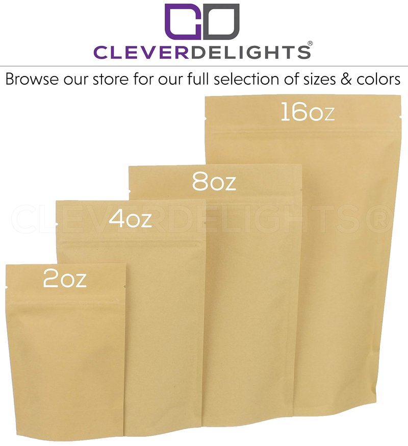 CleverDelights Kraft Stand Up Pouches - 2oz - 100 Pack - 4" x 6" x 2" - Resealable Bag
