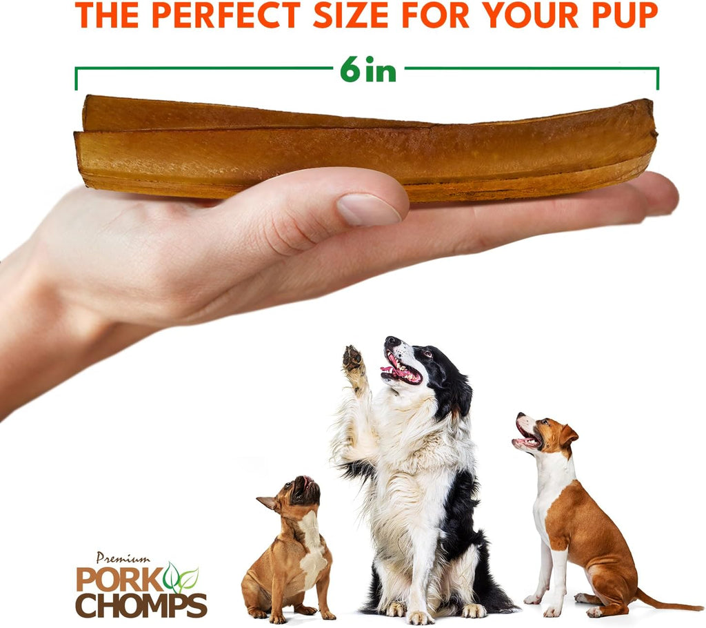 Pork Chomps Roasted Pork Skin Dog Chews - Long-Lasting, High Protein Treats | 6 Inch Rib Shapes, 10 Count