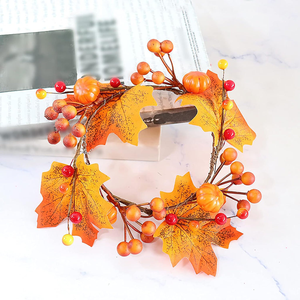 Skiennix 6-Piece Fall Candle Ring Wreaths - 4.7 Inch Pumpkin Maple Leaf & Berries Decor | Orange