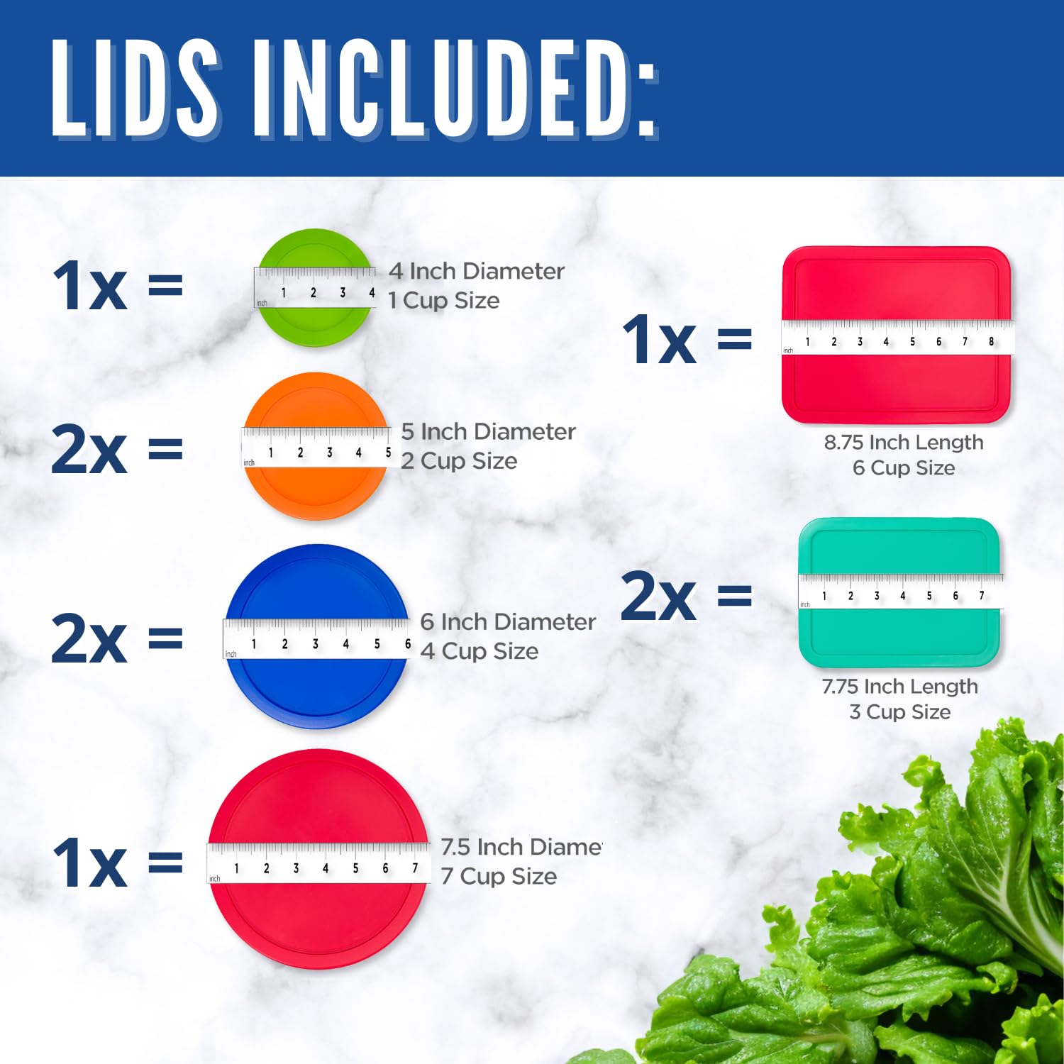 Replacement Lids for Pyrex (1) 7202-PC 1 Cup Green (2) 7200-PC 2 Cup Orange (2) 7201-PC 4 Cup Blue (1) 7402-PC 6/7 Cup Red (2) 7210-PC 3 Cup Light Green (1) 7211-PC 6 Cup Red Round Rectangle