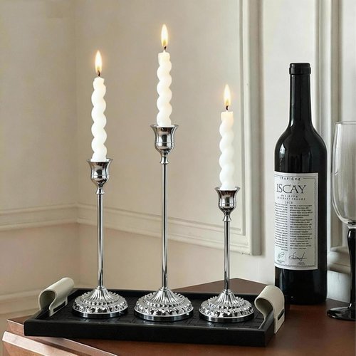 BEAHOT Silver Candle Holders - Set of 6 Elegant Non-Slip Holders with Matching Snuffer for Home Decor & Weddings