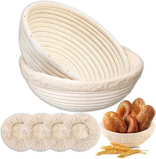 Banneton Bread Proofing Basket Set - 9-Inch Round Natural Rattan with 4 Linen Liners for Sourdough Baking