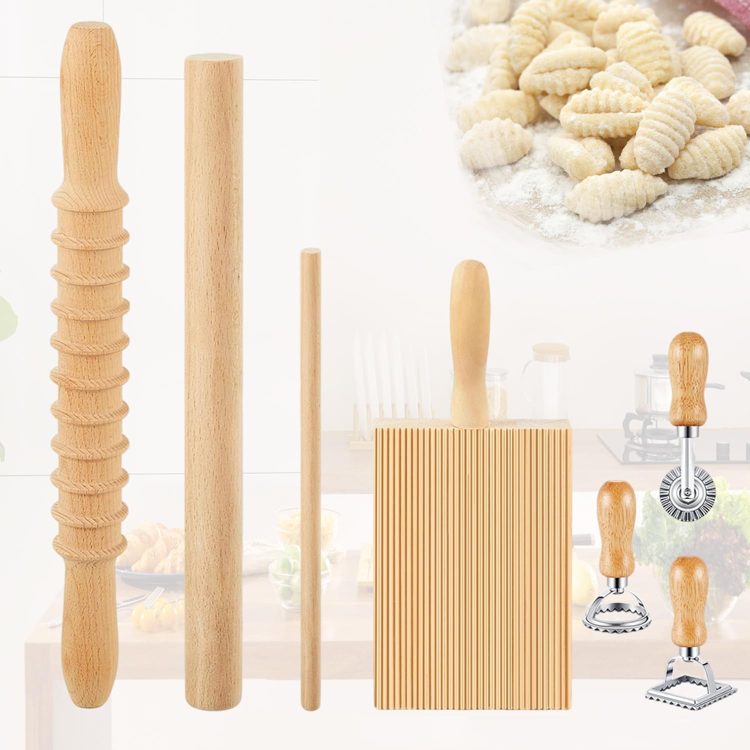 Mlesi 7 Pcs Pasta Making Tools, Wooden pasta kit with Rolling Pin, pasta cutter, Gnocchi Board, Ravioli Stamp, Homemade Noodle Dumpling Pasta Making Accessories