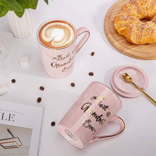 Gifts for Grandma - Best Grandma Ever Mug, Unique Christmas Birthday Gifts for New Grandmas from Granddaughter Grandson - 14Oz Pink Marble Ceramic Coffee Mugs Print with Gold - Lid Spoon Card, Box