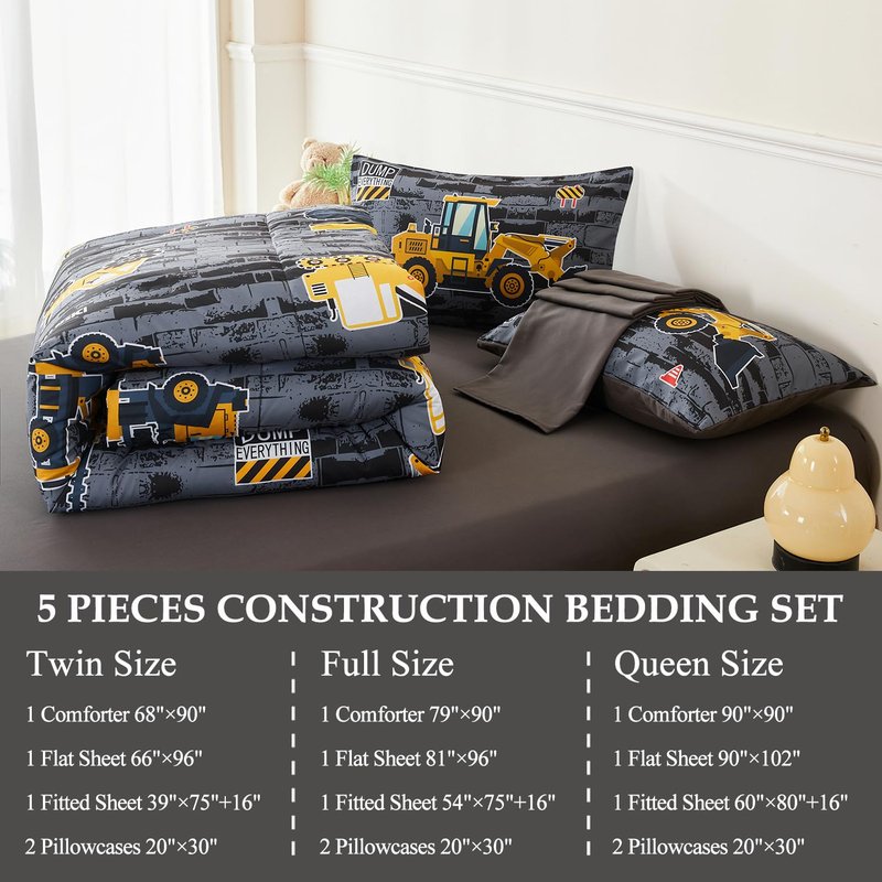 ZSYAYAHA 5 Pieces Kids Comforter Sets for Boys Queen Size Cartoon Cars Bedding Set Excavator Tractor Truck Vehicle Bed in A Bag Reversible Truck Boys Bed Set with Comforter(Gray Cars, Queen)