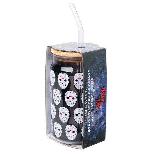 Silver Buffalo Friday the 13th Featuring Jason Vorhees Glass Jar Tumbler with Bamboo Lid and Glass Straw, 16 Ounces