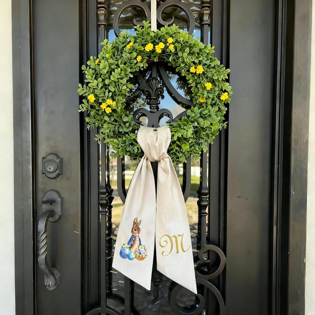 Skiennix Rabbit Easter Wreath - Custom Embroidered Monogram Bunny Sash for Front Door Decor (Small)