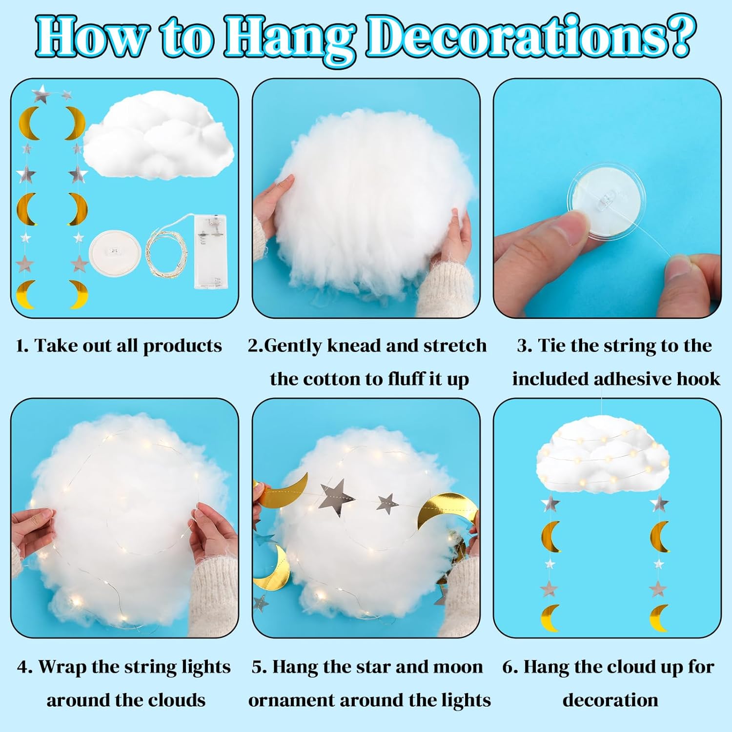 Skiennix 3D Fluffy Cloud LED Light Kit - DIY Hanging & Table Centerpiece for Baby Showers, Nurseries & Parties