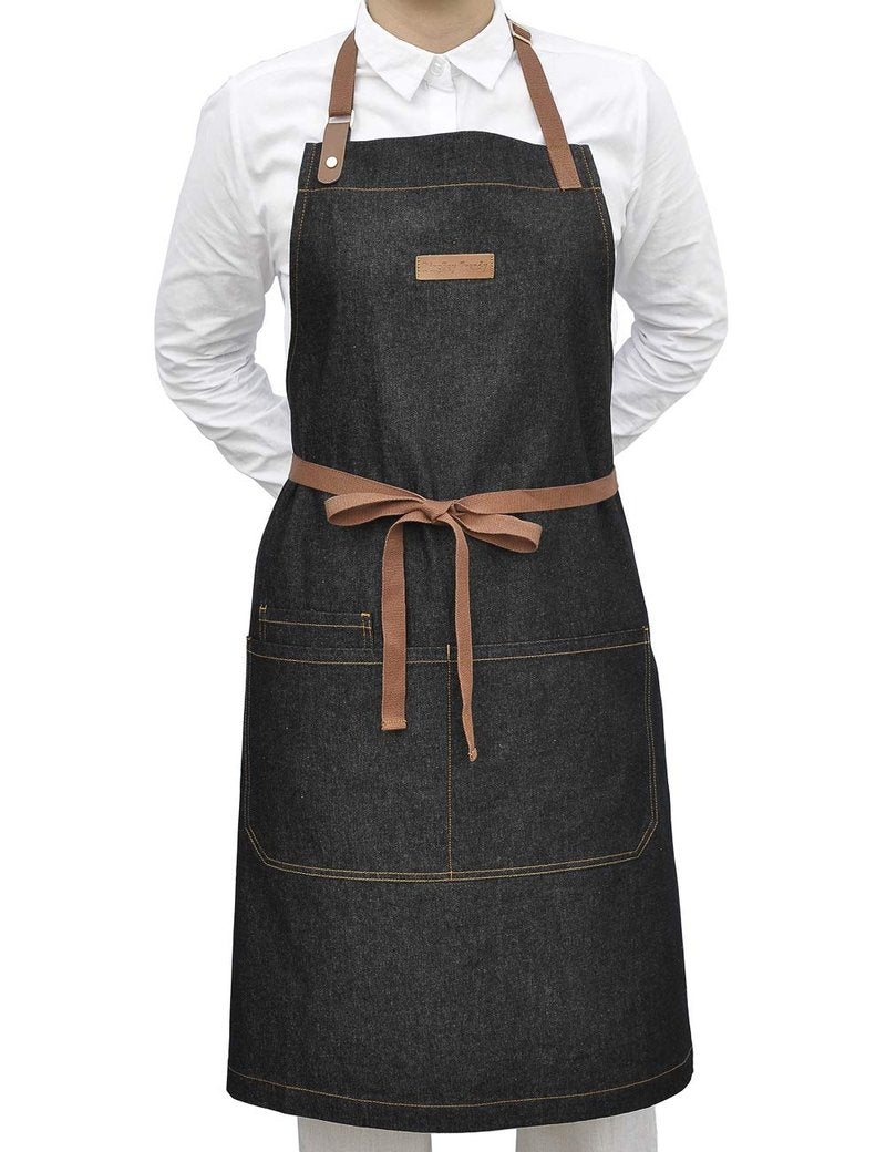 DingSay Trendy Server Denim Apron with 3 Pockets for Men Women, Professional Black Bib Aprons for Chef Cooking Kitchen Grilling BBQ, with Adjustable Neck Strap (Black Denim 7#)