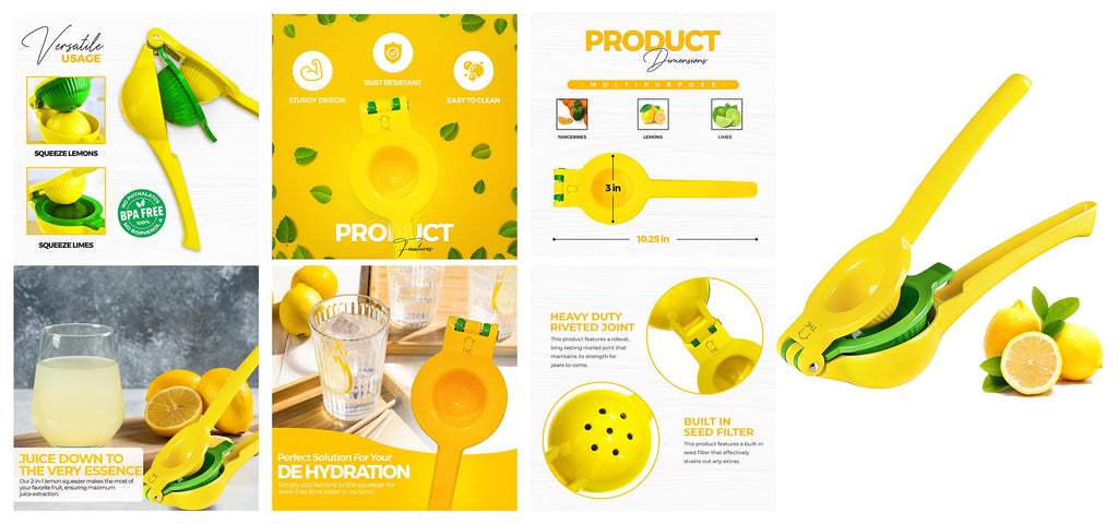 The HomeFlow Co.’s 2-in-1 Lemon & Lime Squeezer, Heavy-Duty Manual Citrus Juicer, High-Extraction Hand Press with Seed Filter, Durable Metal, Dishwasher-Safe, Easy To Use & Clean (Yellow & Green)