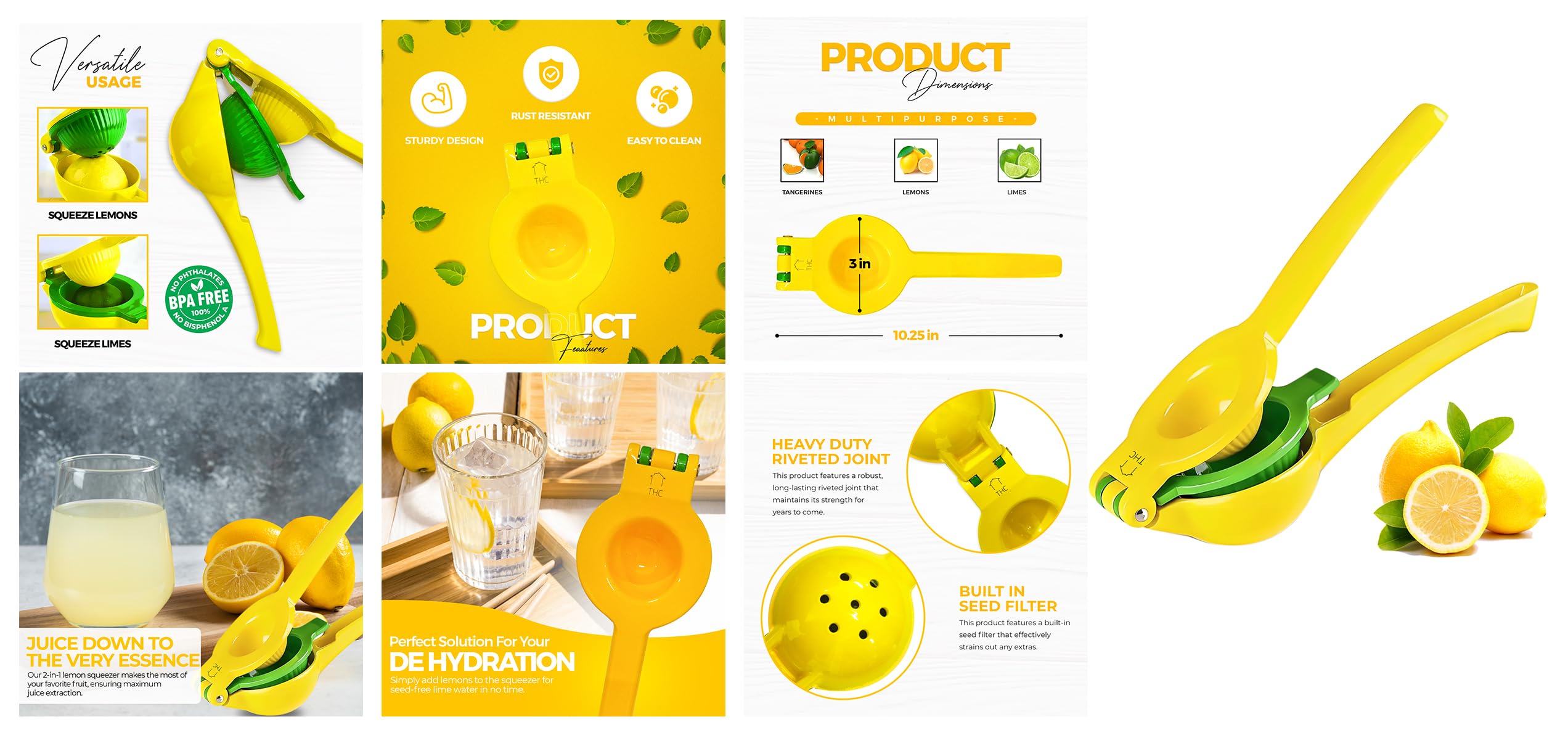 The HomeFlow Co.’s 2-in-1 Lemon & Lime Squeezer, Heavy-Duty Manual Citrus Juicer, High-Extraction Hand Press with Seed Filter, Durable Metal, Dishwasher-Safe, Easy To Use & Clean (Yellow & Green)