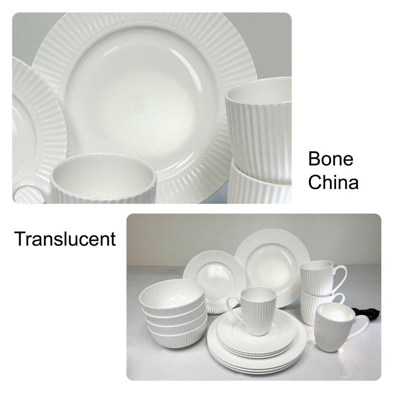 Dinnerware, 16 Piece Set Bone China, Service for 4, White Embossed stripe Dishes, Microwave Safe, Chip Resistant, Dishware, For Formal Casual and Everyday Living, Plates and Bowls Set