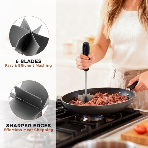 Coinicxcel 10-Inch Stainless Steel Meat Chopper & Masher - Heat Resistant, Ergonomic Handle, 6 Curved Blades