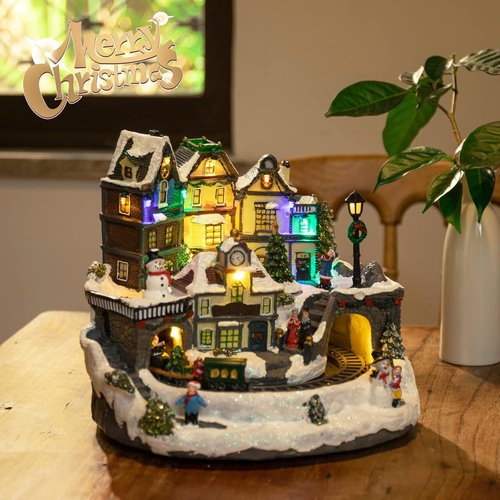 Christmas Village Houses - 10.6" Polyresin Decor with Moving Train, LED Lights & 8 Songs