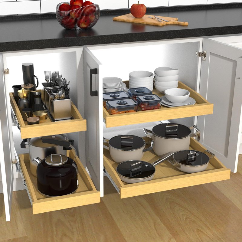 Wooden Pull out Cabinet Organizer 17" W x 21" D x 3.35" H, Heavy Duty Slide Out Drawers Pull-Out Home Organizers for Kitchen Cabinets