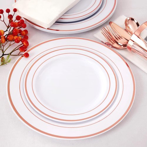 350 Piece Dinnerware Set for Wedding & Party,50 Guest RimPlastic Plates,50 Plastic Silverware,50 Cups,50 Linen Like Napkins (Rose Gold)