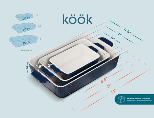Kook Casserole Dish Set - Durable Ceramic Baking Pans with Handles | 3 Sizes: 92oz, 50oz, 20oz - Navy