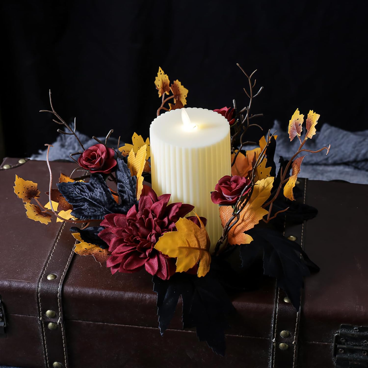 Regine Switzerland Halloween Candle Rings - Red Floral Wreath with Artificial Maple Leaves | Perfect for Home Decor