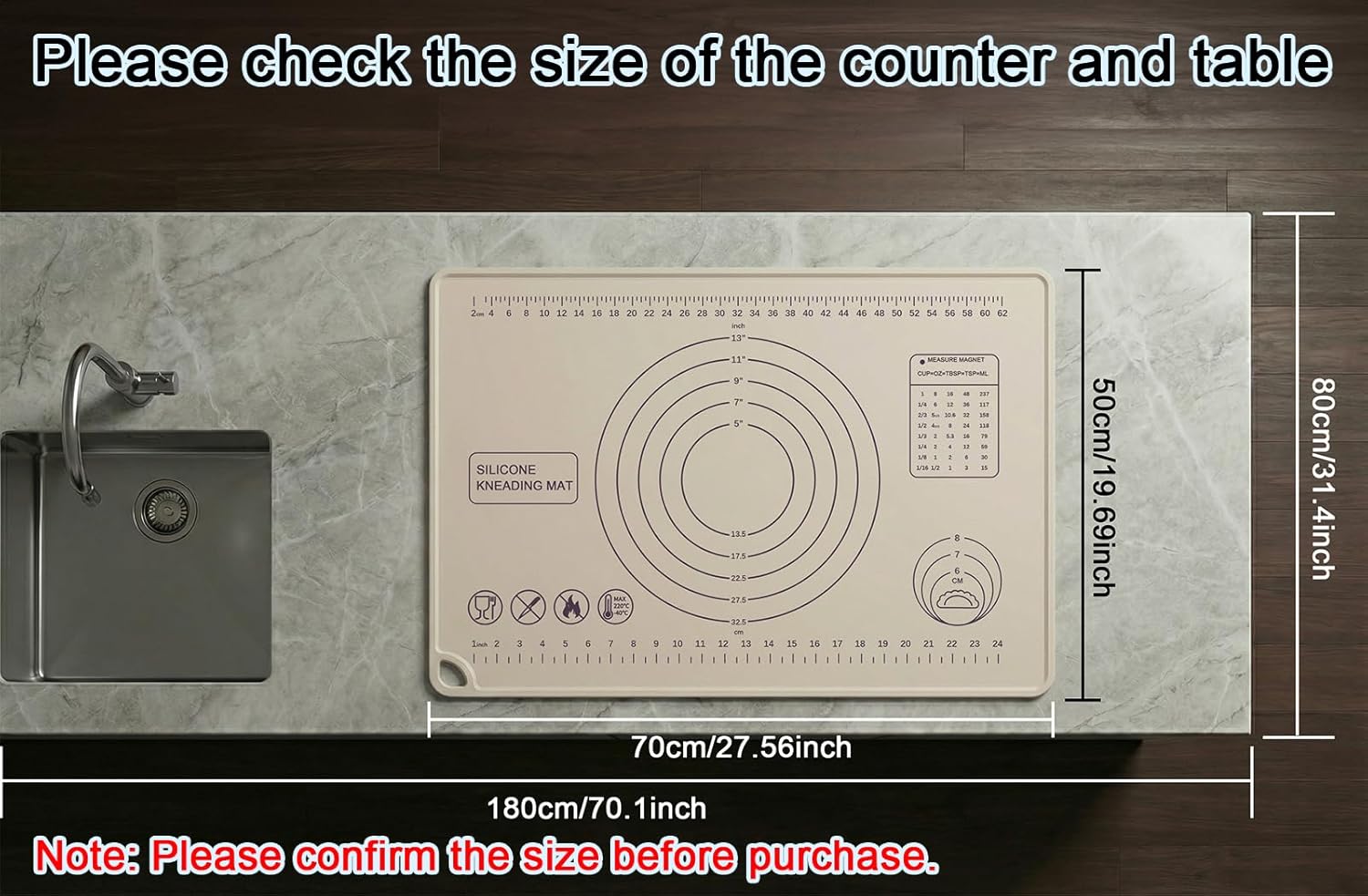 Skiennix Silicone Pastry Mat - Extra Thick Non-Stick Baking Mat with Measurements | 28" x 20" (Beige)