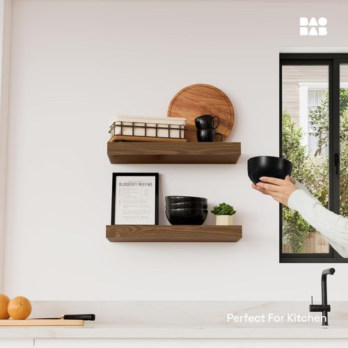 BAOBAB WORKSHOP Floating Wood Shelves - 16-Inch Walnut Wall-Mounted Set of 2 for Bathroom & Kitchen