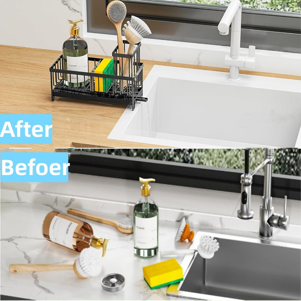 Skiennix Sponge Holder - Auto Draining Sink Caddy Organizer with Brush Holder | Stainless Steel Kitchen Accessory