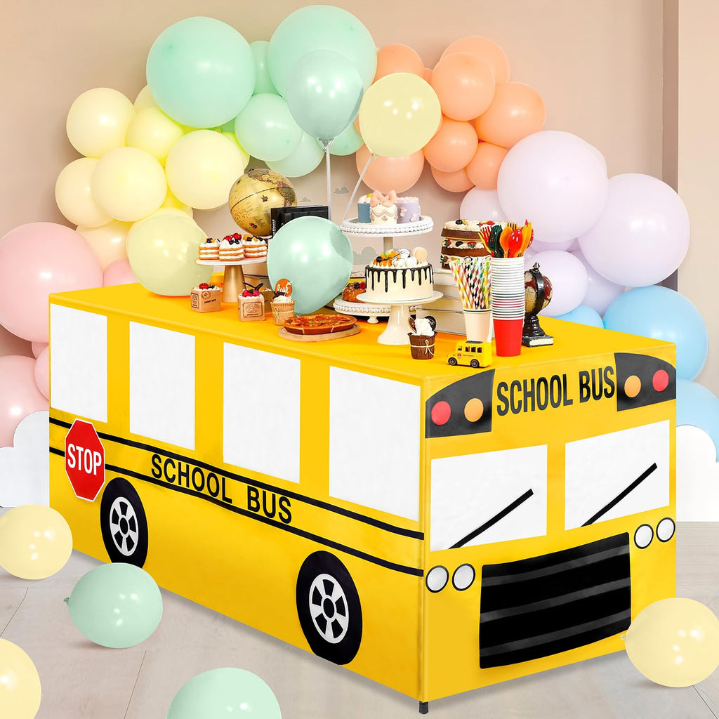 6 Ft School Bus Tablecloths Birthday Party Decorations School Bus Theme Table Cover Washable Fabric Polyester Rectangle Table Covers Protector for School Kindergarten Back to School Party Decorations