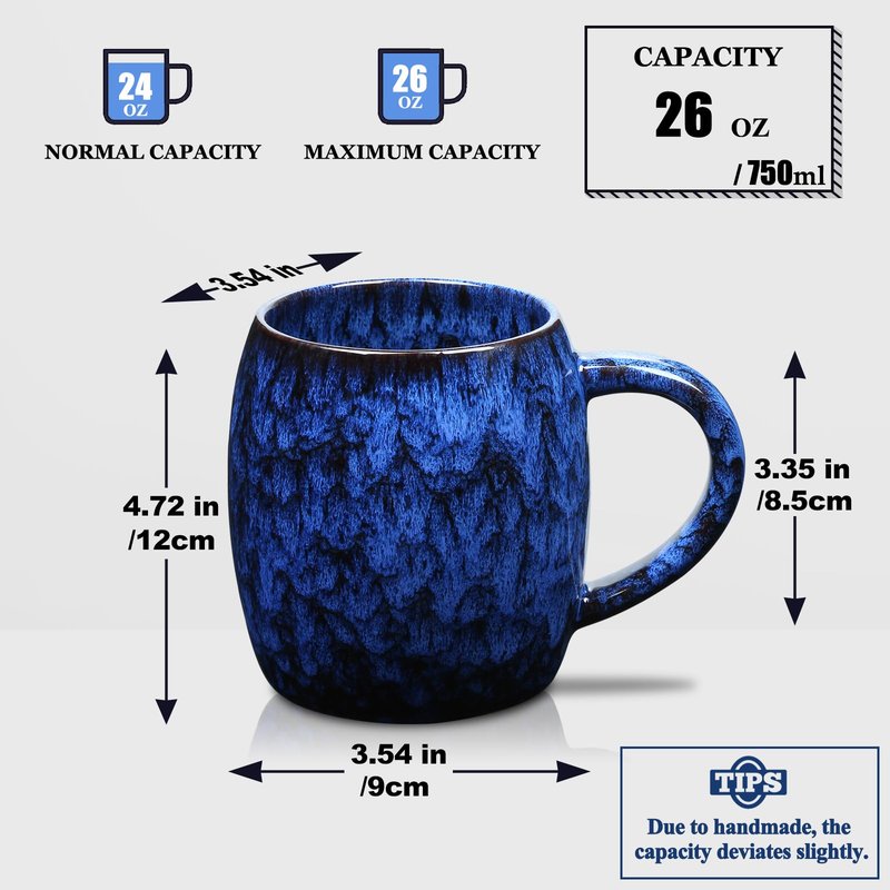 26 Oz Extra Large Ceramic Coffee Mug with Big Handle, 720ml Oversized Tea Cup for Office and Home Milk Cocoa, Microwave and Dishwasher Safe, Unique Handmade Texture Glaze Jumbo Coffee Cup (Deep Blue)
