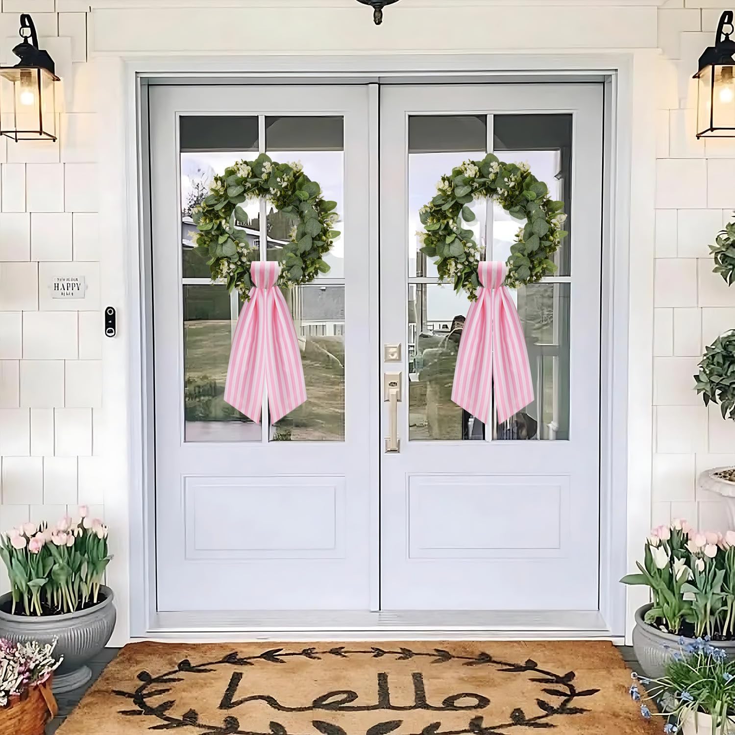 Skiennix 2 Pack Wreath Sash - Stylish Pink and White Stripe Boxwood Garland Decor for Front Door