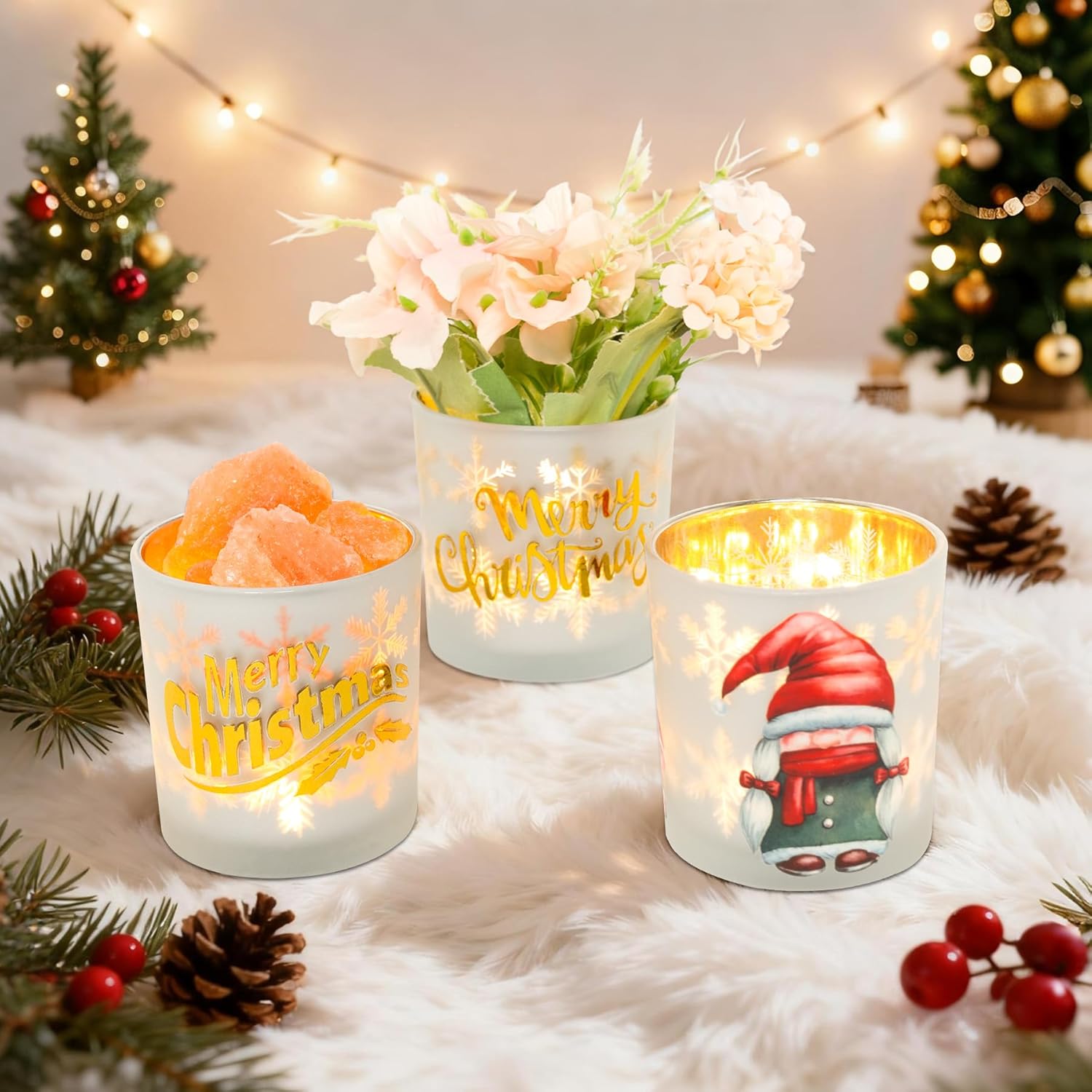 Regine Switzerland Christmas Votive Candle Holders - Set of 3 White, Gold & Red Glass for Holiday Decor