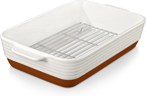 MALACASA 4.8 Qt Ceramic Baking Dish - Deep Roasting Pan with Stainless Steel Rack | 9x13 Inch, Khaki & White