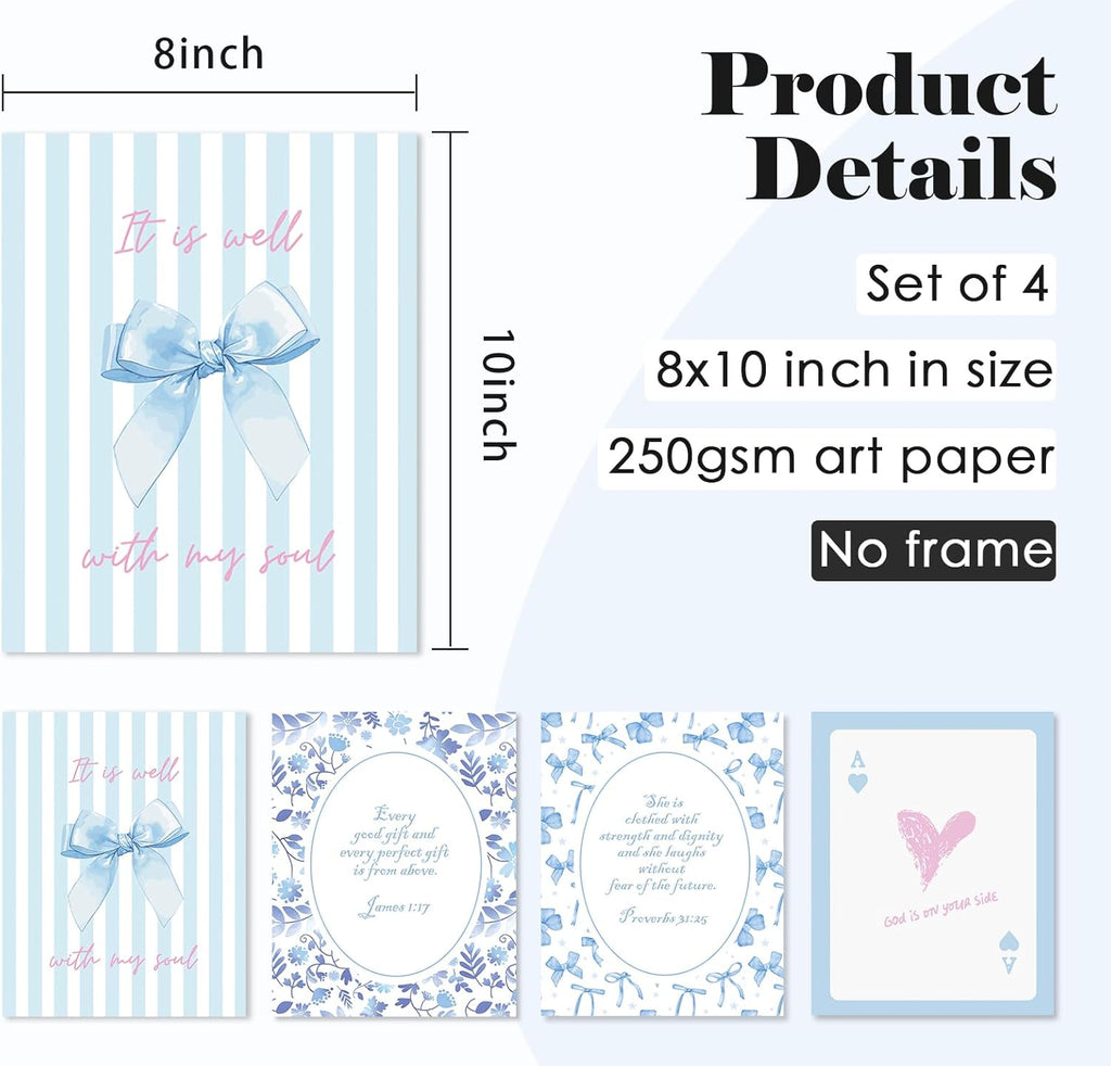 ULEGIE Coquette Blue Bow Wall Art Decor - Inspirational Bible Verses | Set of 4 Unframed 10x8 Inch Posters for Teen Girls' Rooms