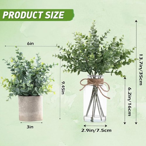 Coforset Eucalyptus Stems - Realistic Faux Plants in Glass Vase with Faux Water | 14" Sage Green Centerpiece Decor