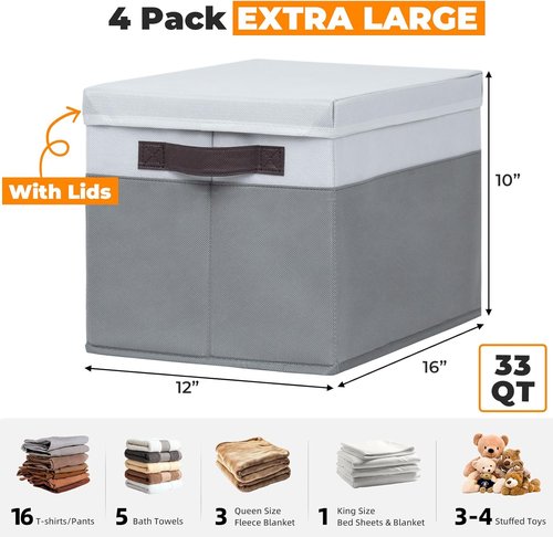Extra Large Storage Baskets by [Brand Name] - 33 QT Stackable Organizers with Lids | 4 Pack for Living Room & Closet - 16x12 in