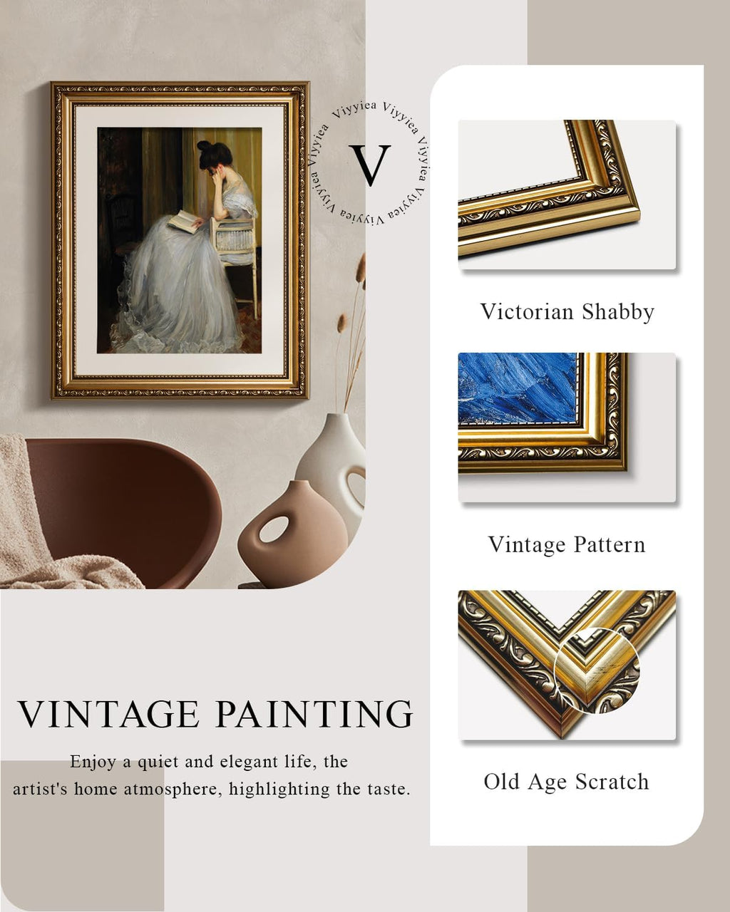 VIYYIEA Gold Framed Wall Art - Vintage Women Reading Canvas Print for Living Room | 13x16in