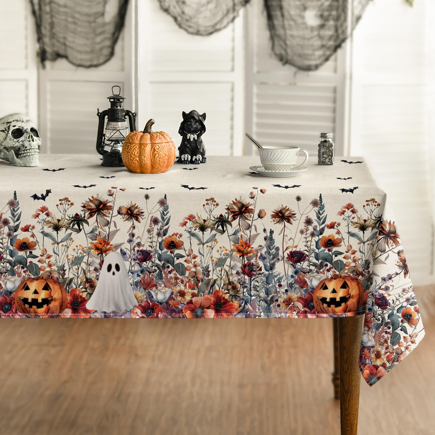 Horaldaily Halloween Tablecloth 52×70 Inch Rectangular, Bat Ghost Pumpkin Flower Washable Seasonal Table Cover for Party Picnic Dinner Decor