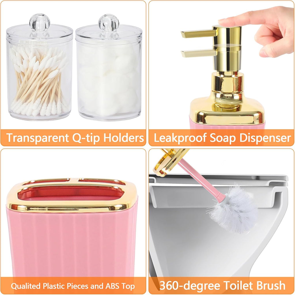 Skiennix 9-Piece Pink Bathroom Accessory Set - Stylish Trash Can, Toothbrush Holder & More