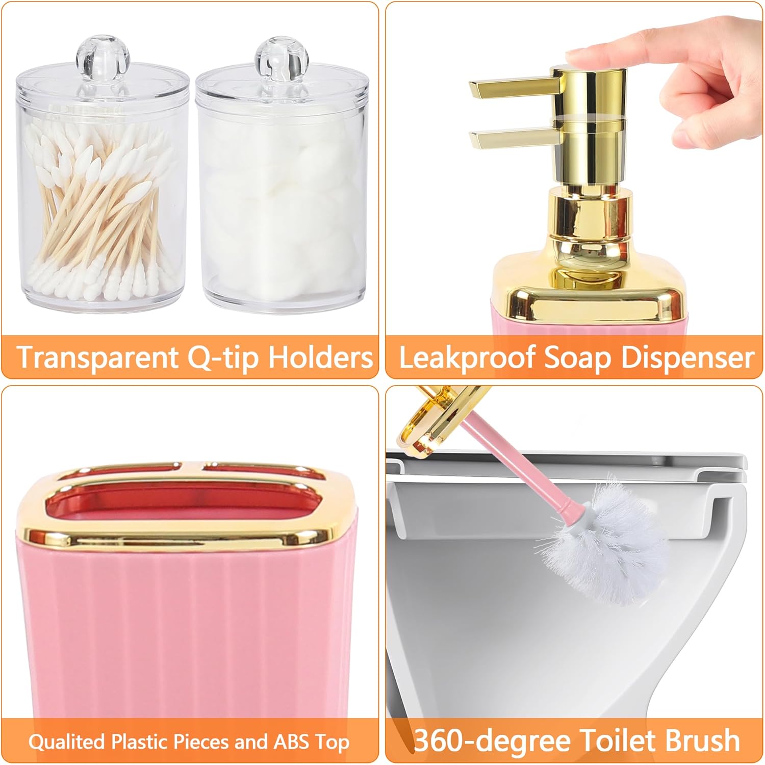 Skiennix 9-Piece Pink Bathroom Accessory Set - Stylish Trash Can, Toothbrush Holder & More