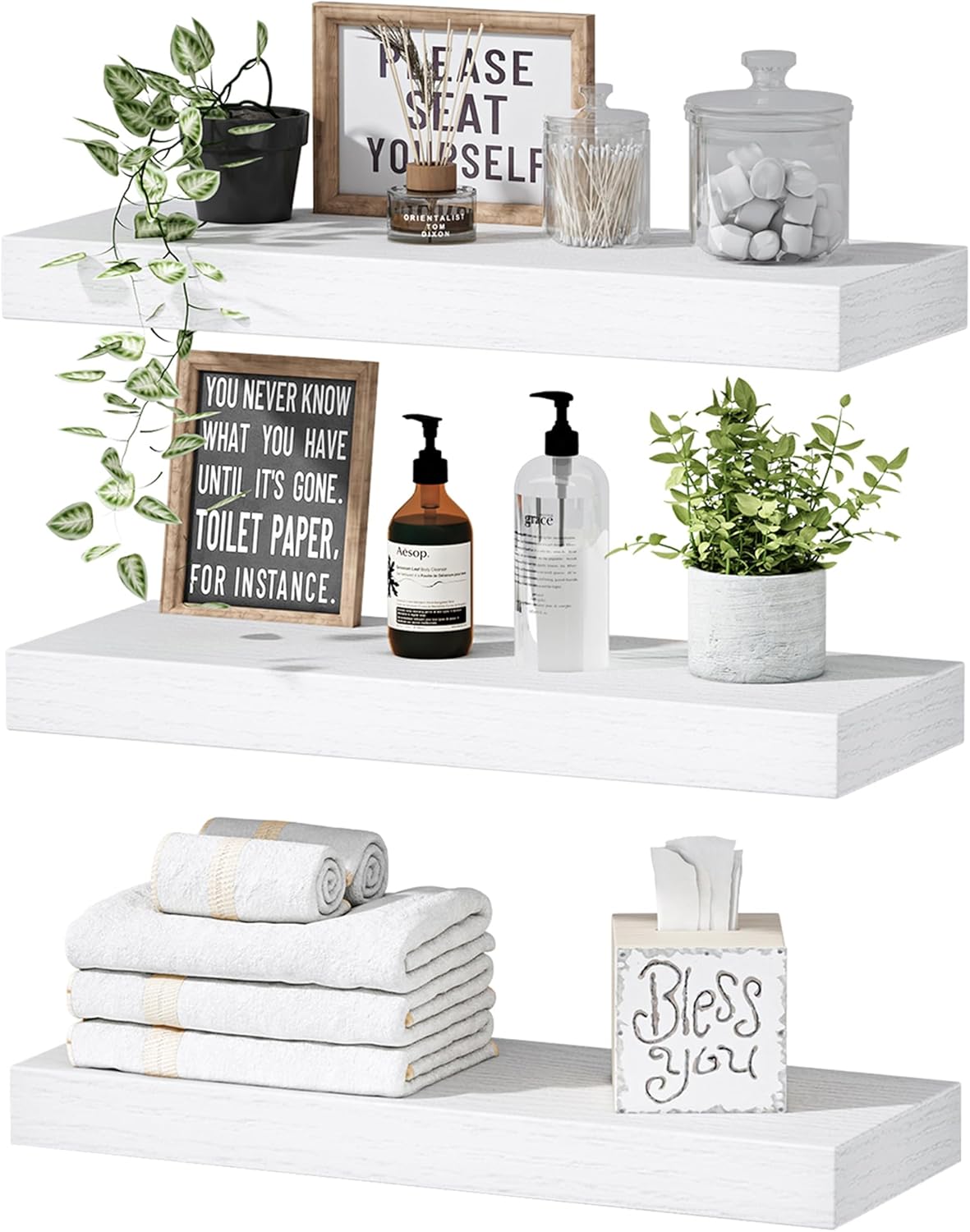 QEEIG Floating Shelves - Stylish Wall Storage for Bathroom, Bedroom & Kitchen - 16 Inch Set of 3, White