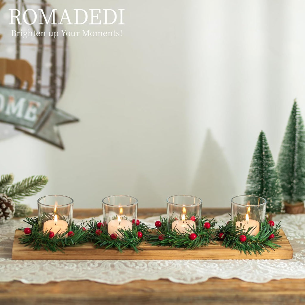 Romadedi Christmas Candle Holder - Rustic 4 Tealight Holders with Mini Wreaths | 16.5-Inch Wooden Tray for Holiday Table Decor