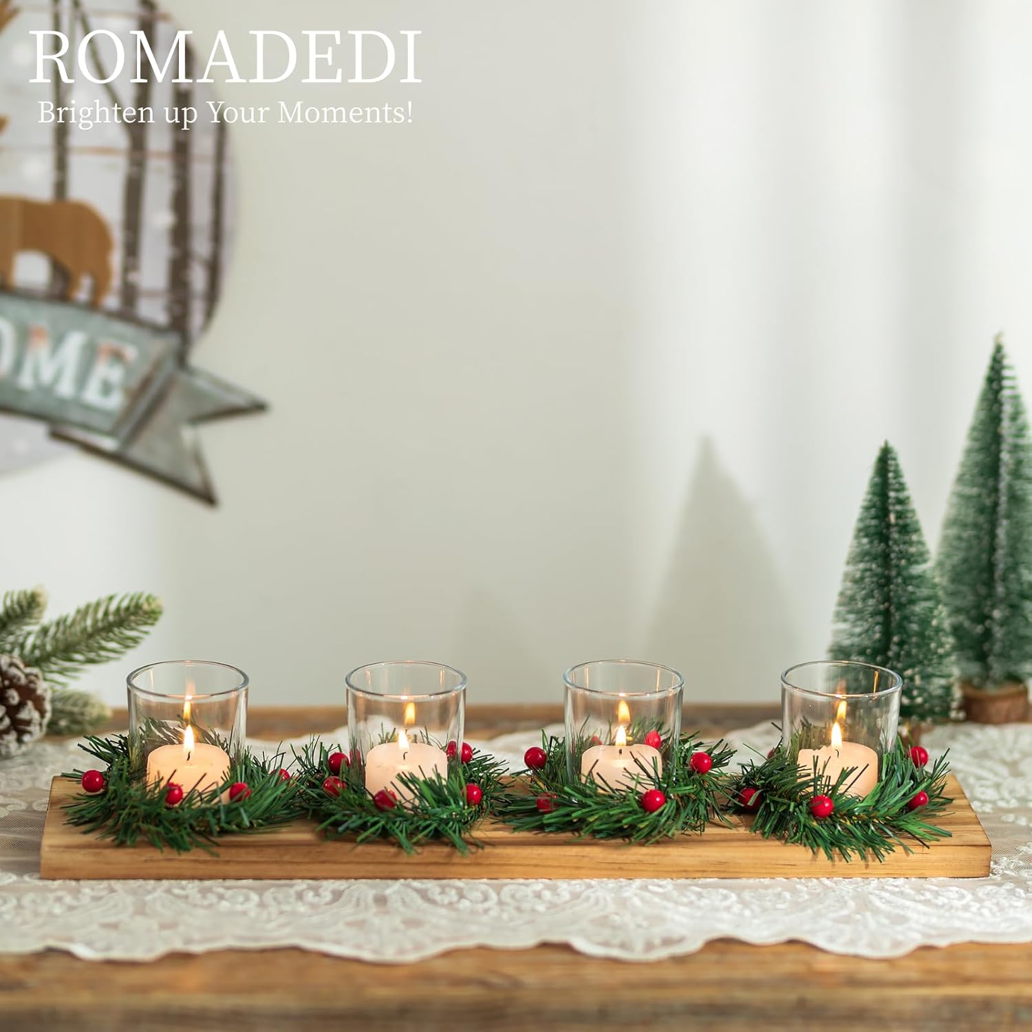 Romadedi Christmas Candle Holder - Rustic 4 Tealight Holders with Mini Wreaths | 16.5-Inch Wooden Tray for Holiday Table Decor
