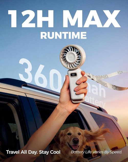 Diveblues Portable Turbo Fan - 100 Speed Handheld Fan with Strong Airflow | Foldable 4-in-1 Design for Travel & Outdoor Use
