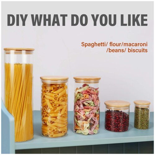 Glass Food Storage Containers Jars with Airtight Bamboo Lid 12 oz 9 pcs, 340 ml Pantry Organization Jar, Glass Terrarium with Lid, Spice, Flour and Sugar Container, Canister Set for Kitchen Counter